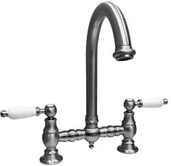 PB Nostalgic bridge cuisine robinet bec rond en inox avec poignées blanches PBN.RVS.R.WH