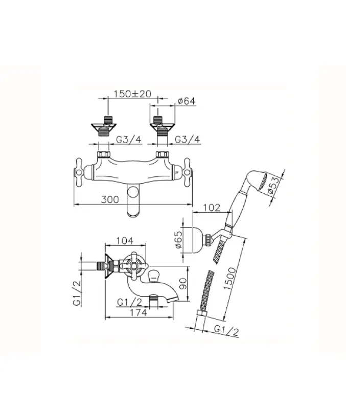 Huber Croisette Thermostat-Wannenbatterie mit Brausegarnitur Bronze CSD2701027