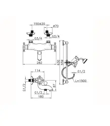 Huber Victorian Mitigeur Thermostatique de Bain avec Barre Coulissante Doré VTS270102G   Couleur Or