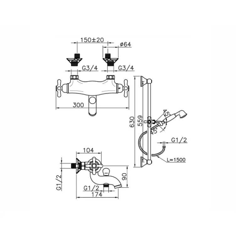 Huber Croisette Thermostat-Wannen-Brausebatterie mit Gleitstange Bronze CSS2701027