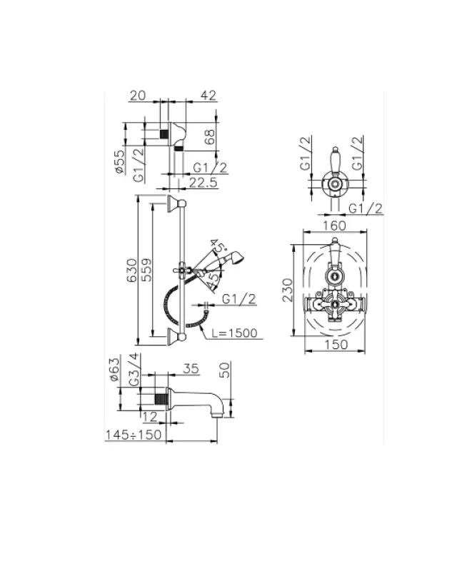 Huber Croisette Einbau-Thermostat-Bad/Brause-Set Gold 914.CS01H.AG