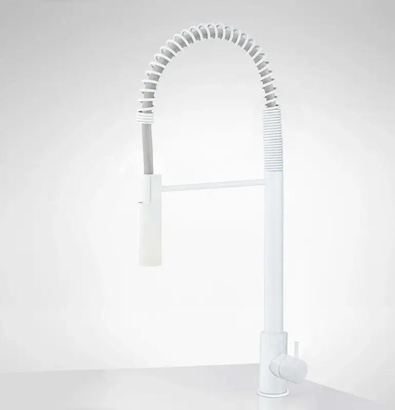 Waterevolution Flow halbprofessionelle Küchenmischarmatur Weiß matt mit Säule und Feder T157BR