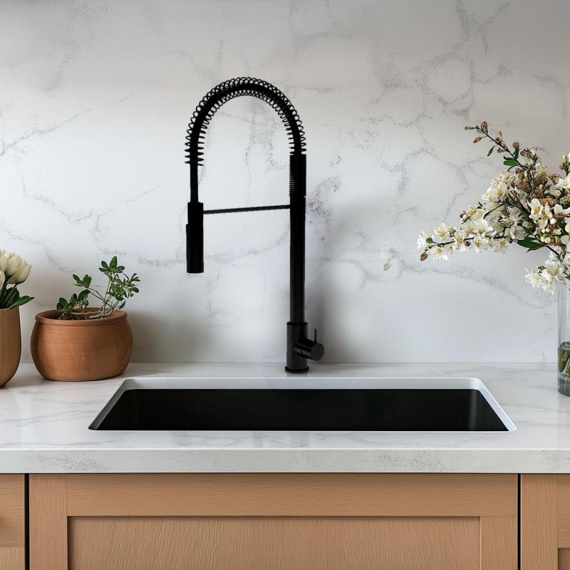 Waterevolution Flow semiprofessioneller Küchenmischer matt schwarz mit Säule und Feder T157PR