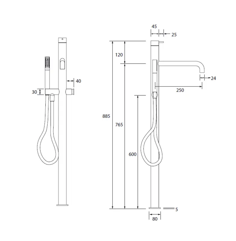 Waterevolution Flow freistehende Wannenbatterie mit Handbrause, Hellgold T133WGE