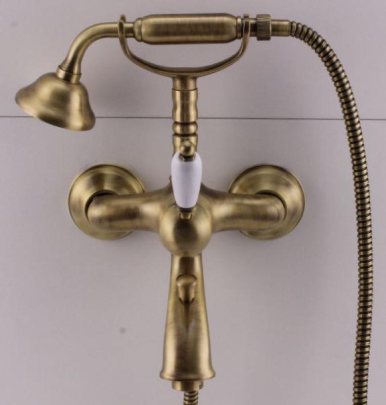 PB Nostalgic Wannenbatterie mit Handbrause und weißem Griff, Bronze