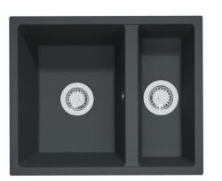 GraniteMy Bremen Évier en granit 1,5 bac, réversible, noir, pour montage en applique, encastré ou à fleur de plan de travail, avec bouchon en acier inoxydable 1208953203
