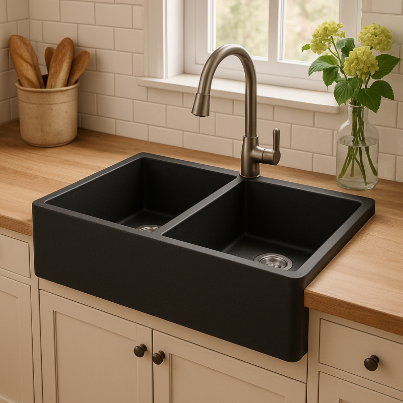 GraniteMy Tradition ländliche Doppelspüle 2-seitige Granitspüle 80x50cm schwarz Aufsatz, Unterbau und flächenbündig 1208953697