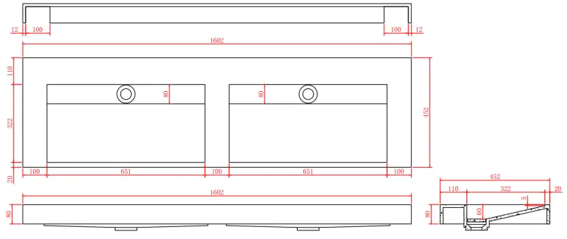 Solid-S Marmor Doppelwaschtisch Solid Surface in mattem Schwarz Marmor ohne Hahnloch mit Solid Cover B160xT45xH8 1208953890