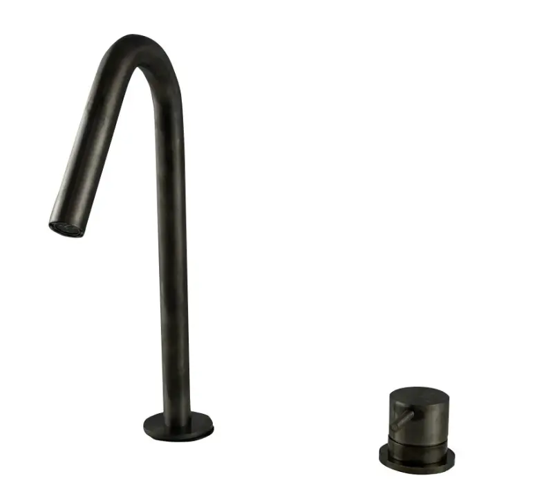 Waterevolution Flow 2-Loch-Waschtischarmatur PVD Gun Metal mit kleinem V 120 mm Auslauf T1121VGME