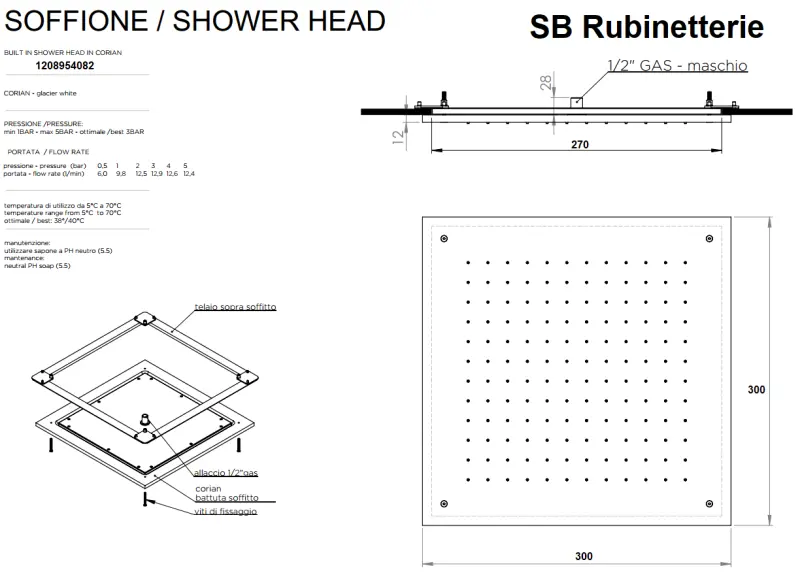 SB Rubinetterie quatratische Einbau-Regendusche für die Decke, Duschkopf 30cm, Corian Weiß matt 1208954082