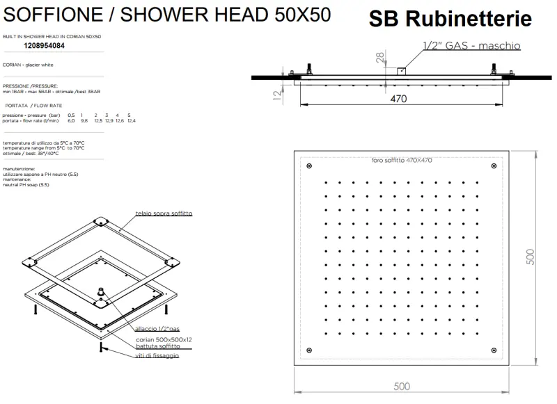 SB Rubinetterie quatratische Einbau-Regendusche für dieDecke, Duschkopf 50cm, Corian Weiß matt 1208954084