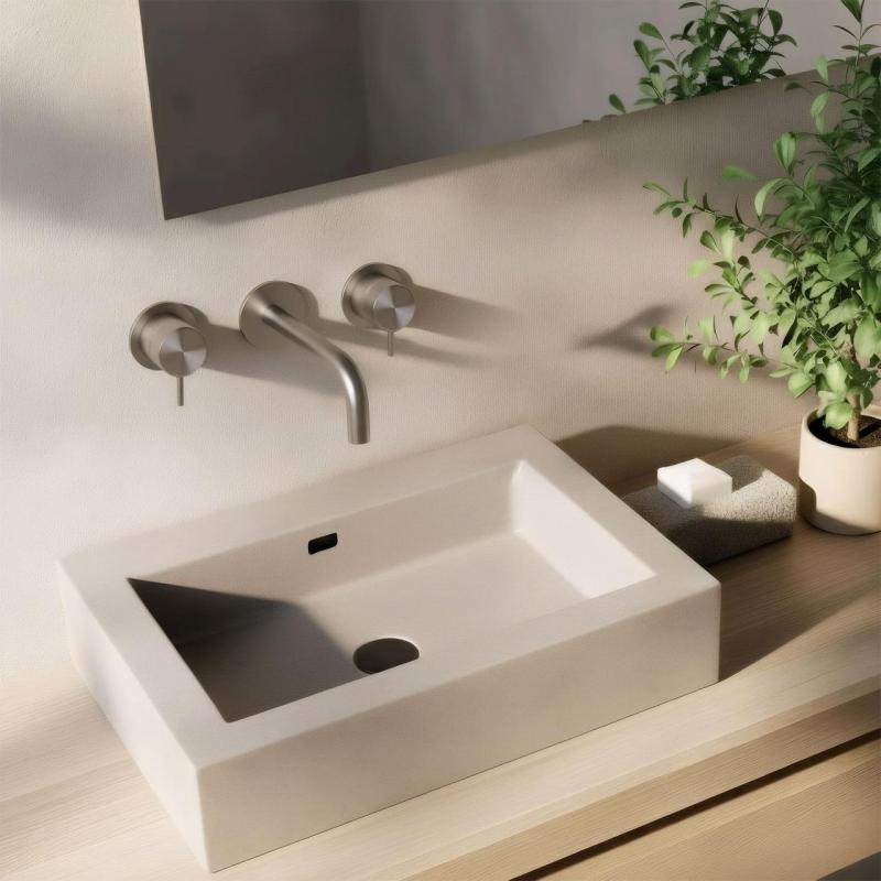 Waterevolution Flow 3-Loch-Einbau-Waschtischarmatur Komplett aus Edelstahl mit Auslauf 10 cm T1163FIE-10