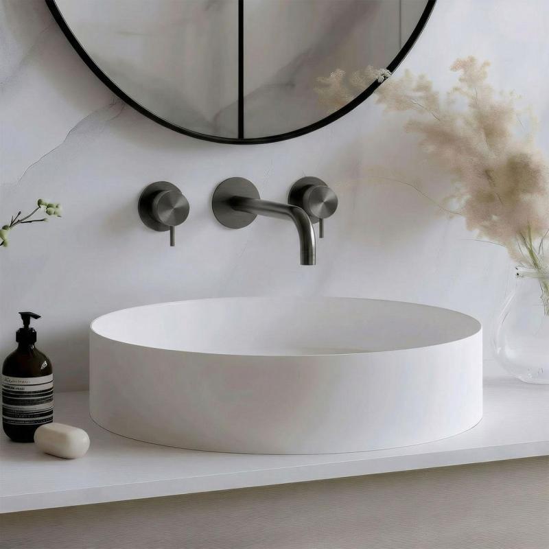 Robinet de lavabo encastré à 3 trous Waterrevolution Flow en PVD Gun metal avec bec de 15 cm T1163FGME-15