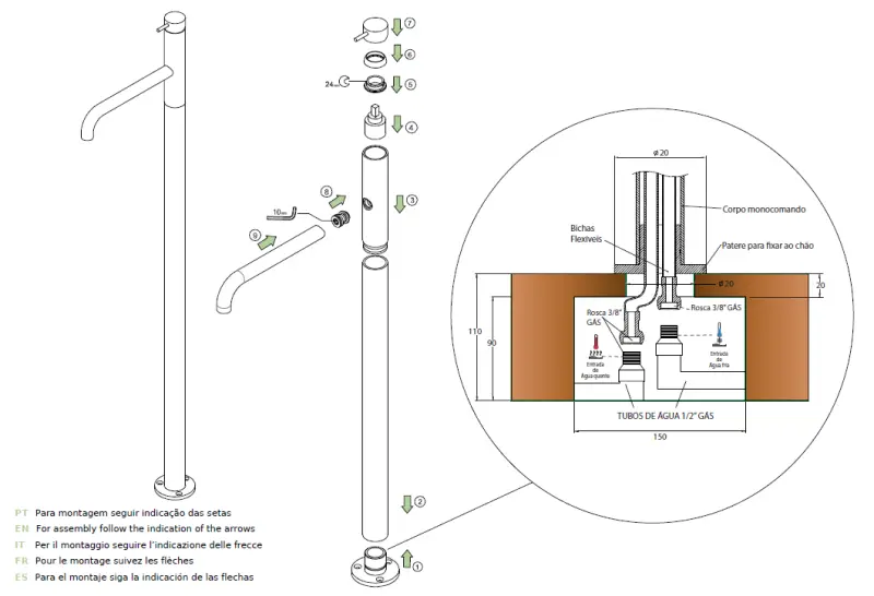 Waterevolution Flow freistehende Waschtischarmatur gebürstetes Messing T113LE