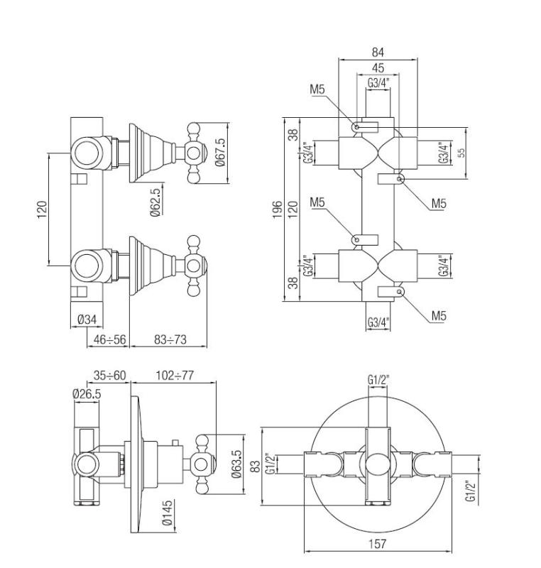 PB Classic nostalgischer Einbau-Duschthermostat mit 2 Absperrhähnen, Chrom