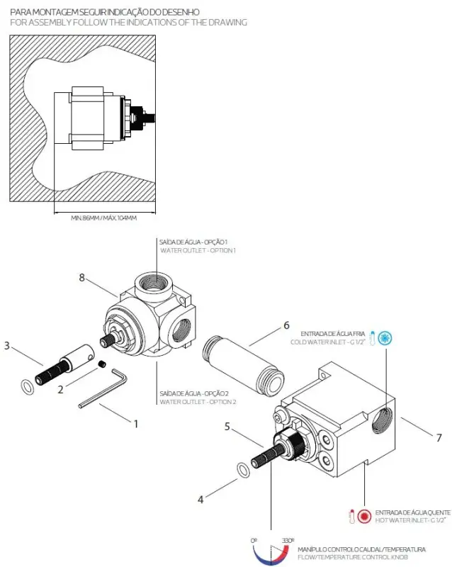 Waterevolution Flow Einbau-Duschthermostat mit 1 Absperrventil, gebürstetes Messing