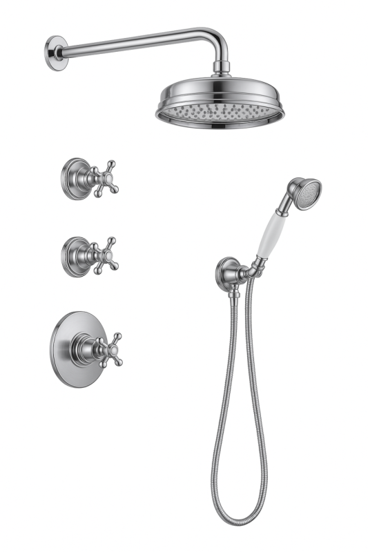 PB Nostalgic Unterputz-Duschset mit Thermostat und 2 Absperrventile - Handbrause - Regendusche 200mm - Chrom