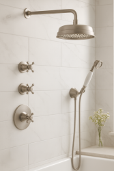 Ensemble de douche encastré nostalgique PB avec robinet thermostatique et 2 robinets d'arrêt - douchette - douche pluie 200mm - inox