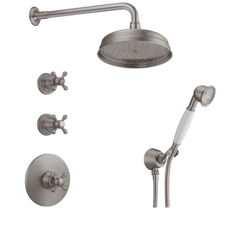 PB Nostalgic Unterputz-Duschset mit Thermostat und 2 Absperrventile - Handbrause - Regendusche 200mm - Edelstahl