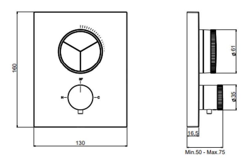 SB Push Square Unterputz-Thermostatbatterie mit 3-Wege-Umsteller und Mengenregler Edelstahl 1208955133