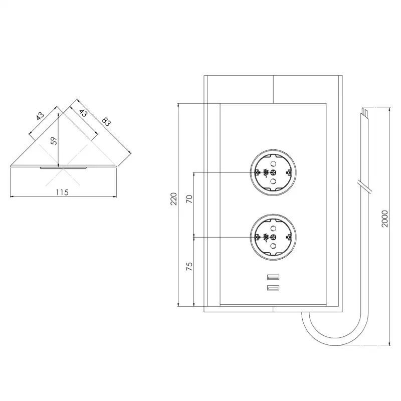 Indux Energiesäule 2ST22 mit 2 Steckdosen und 2 USB Anschlüssen Gun Metal mit Stift-Erdung Typ E