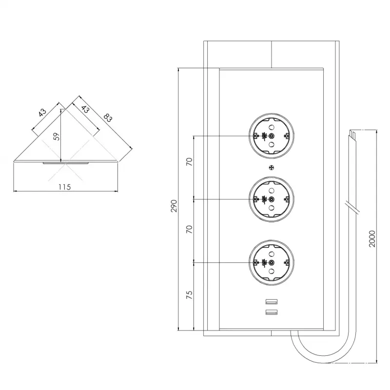 Indux Energiesäule 3ST29 mit 3 Steckdosen und 2 USB-Anschlüsse Schwarz mit Stift-Erdung Typ E