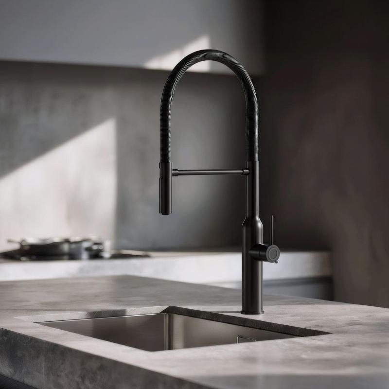 Quadri Stamford hoge keukenmengkraan met flexibele uitloop mat zwart 1208956079