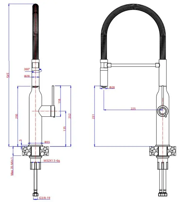Quadri Stamford hohe Küchenarmatur mit flexiblem Auslauf, Edelstahl 1208956080