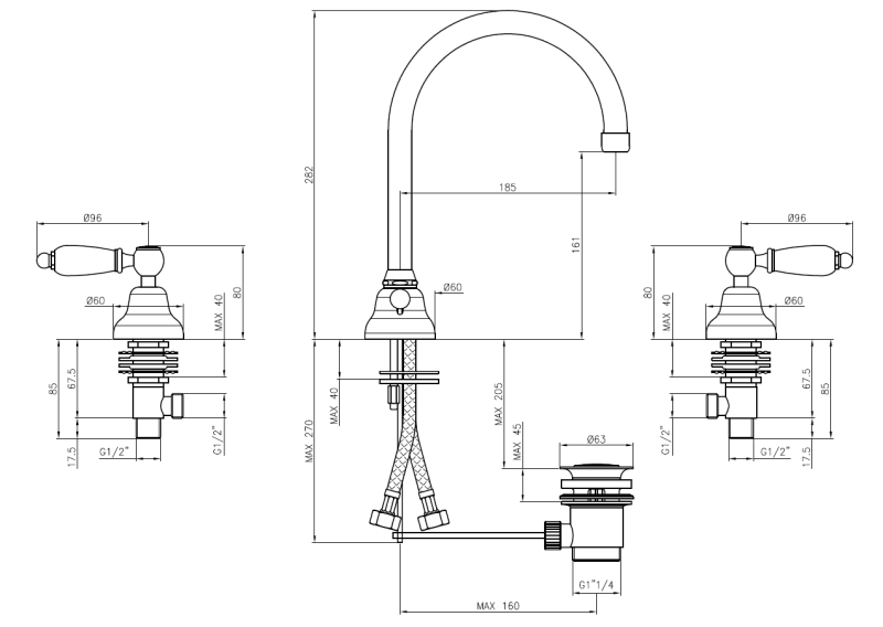 PB classic tap 3-trous robinet de lavabo Leviers blancs avec bec rond Chromé 1208956912
