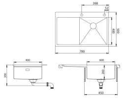 Ausmann Turt évier en inox avec égouttoir à gauche 780x500mm montage à fleur de plan de travail ou en surface 1208956957