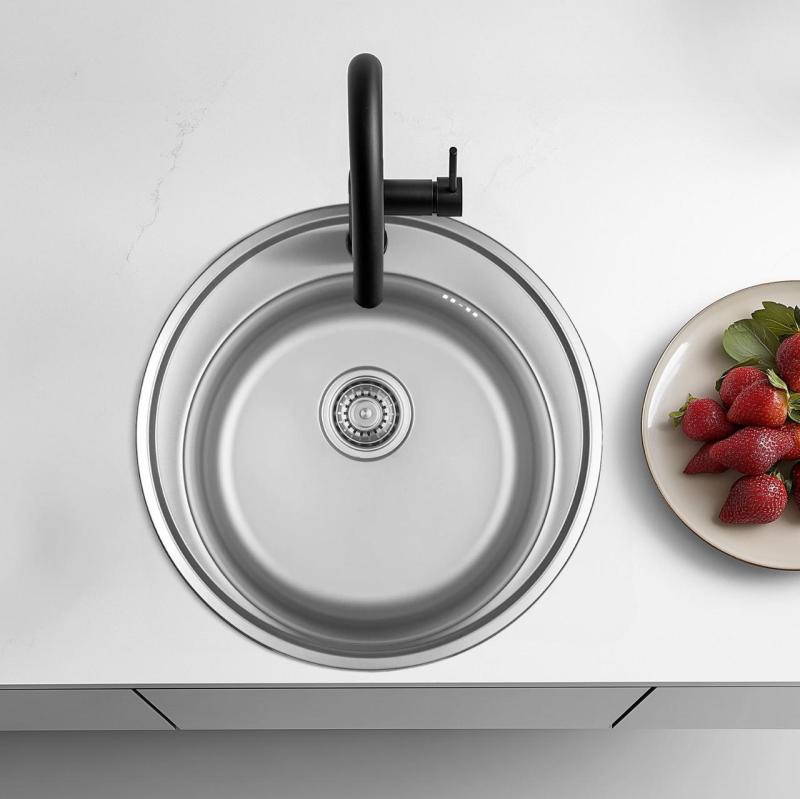 Ausmann Basic Edelstahl-Spüle rund mit Hahnloch, 51 cm, inkl. Siphon, Oberflächen-Einbau 1208956976