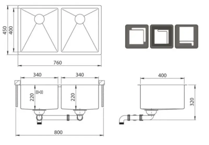 Ausmann Oder Doppel-Edelstahlspüle 76x45cm mit 2 Becken 34x40, flächenbündig, Unterbau und Oberflächen-Einbau, extra tief 22cm 1208957116