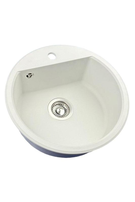 GraniteMy Bremen runde Granitspüle 43 cm, Weiß, aufliegend und Unterbau, mit Hahnlochbank und Edelstahlstecker 1208957356