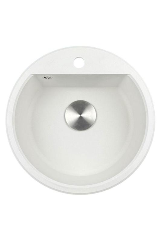 GraniteMy Bremen runde Granitspüle 43 cm, Weiß, aufliegend und Unterbau, mit Hahnlochbank und Edelstahlstecker 1208957356