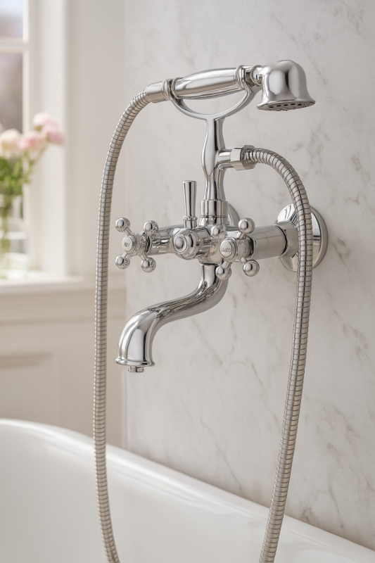 AquaTrimo Vivaldi Classic Aufputz-Wannenarmatur mit Sterngriffen, Chrom, inklusive Handbrause 43VV7372CM