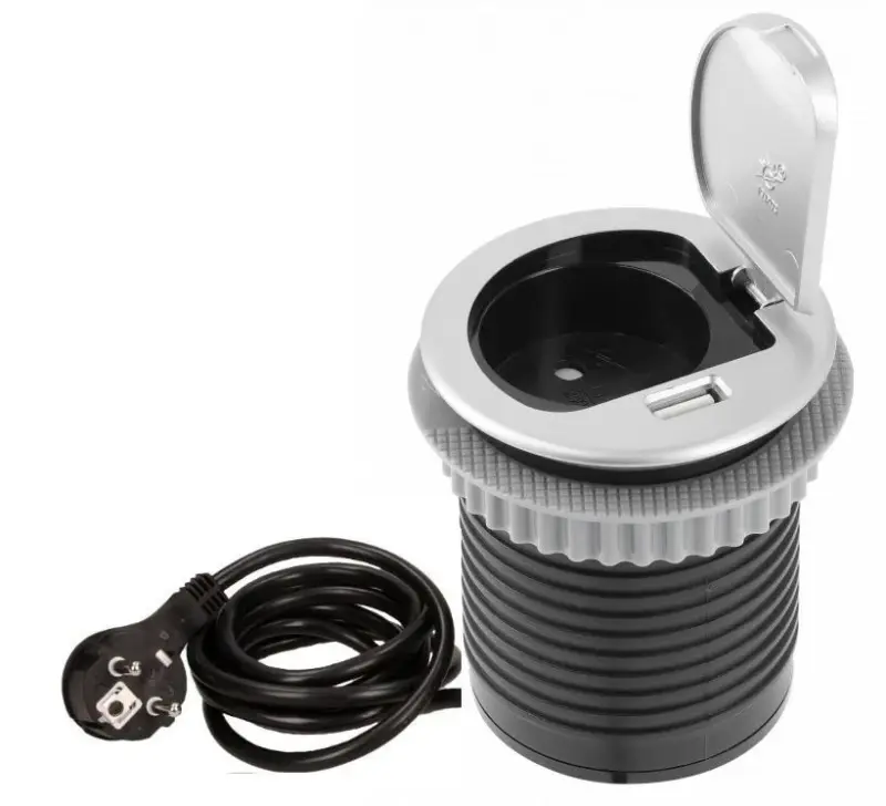 Indux Cover Einbau-Küchensteckdose in Arbeitsplatte Stift-Erdung Typ E mit USB und Steckdose Farbe silber 1208957394