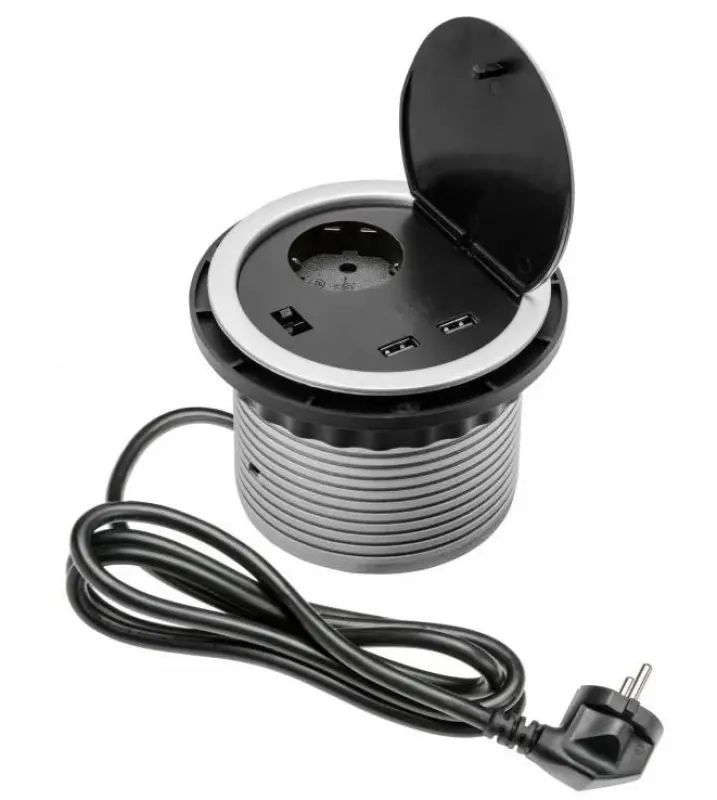 Indux Cover Einbau-Steckdose Silber in Arbeitsplatte mit Stift-Erdung Typ E, mit 2 usb Anschlüssen 1208957399