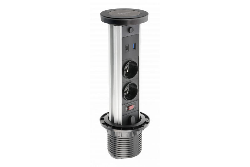 Indux Lift versenkbare Steckdose schwarz in Arbeitsplatte mit Beleuchtung, mit Stift-Erdung Typ E, 2 x USB und kabellosem Laden 1208957402