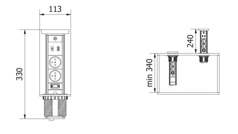 Indux Lift versenkbare Steckdose schwarz in Arbeitsplatte mit Beleuchtung, mit Stift-Erdung Typ E, 2 x USB und kabellosem Laden 1208957402