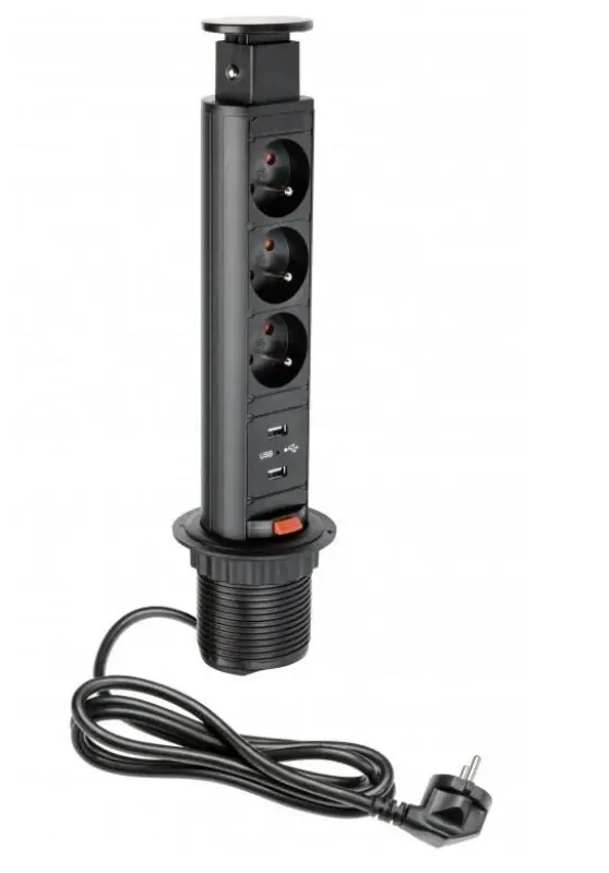 Indux Up & Down enge versenkbare schwarze Steckdose in Arbeitsplatte Stift-Erdung Typ E, mit 3 Steckdosen und 2 x USB 1208957418