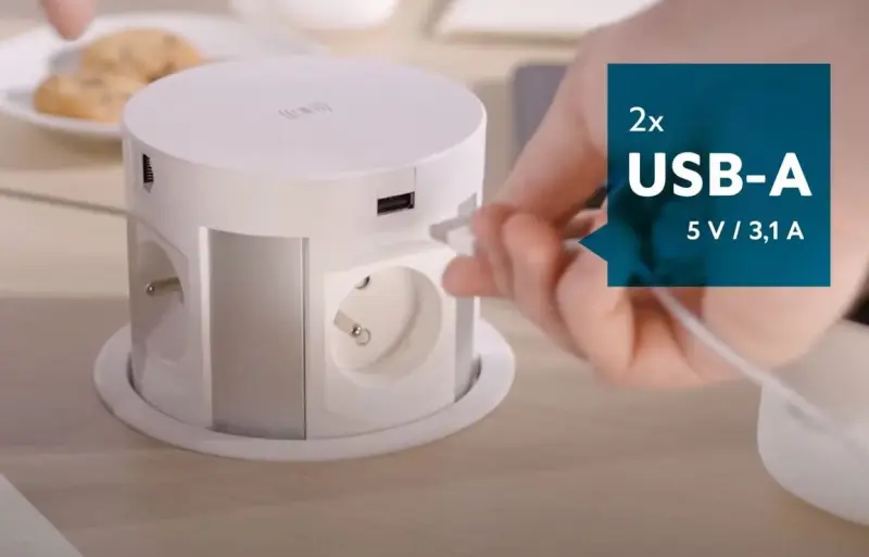 Indux Push Versenkbare Küchensteckdose Weiß mit 4 Steckdosen Erdung Typ F, 2 x USB, 2 x RJ45 und kabellosem Laden 1208957419