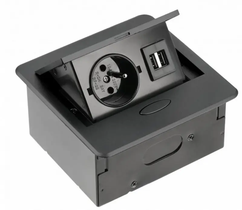 Indux Flip Kleine Küchensteckdose Stift-Erdung Typ E in Arbeitsplatte oder Oberschrank mattschwarz mit 2 USB-Ladegeräten 1208957425