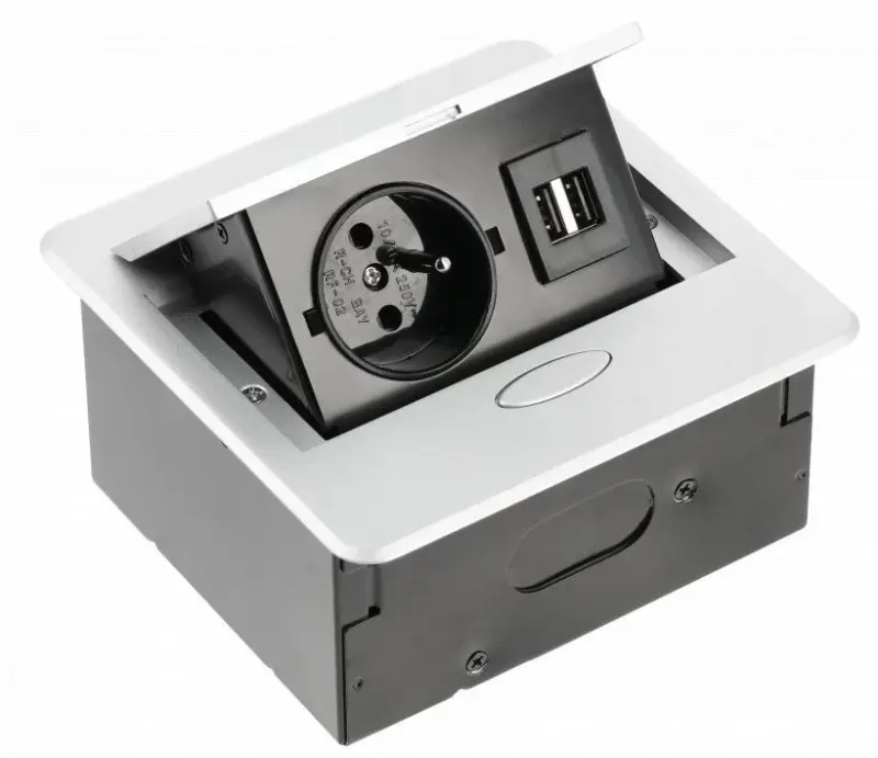 Indux Flip Kleine Küchensteckdose Stift-Erdung Typ E in Arbeitsplatte oder Oberschrank mattweiß mit 2 USB-Ladegeräten 1208957426