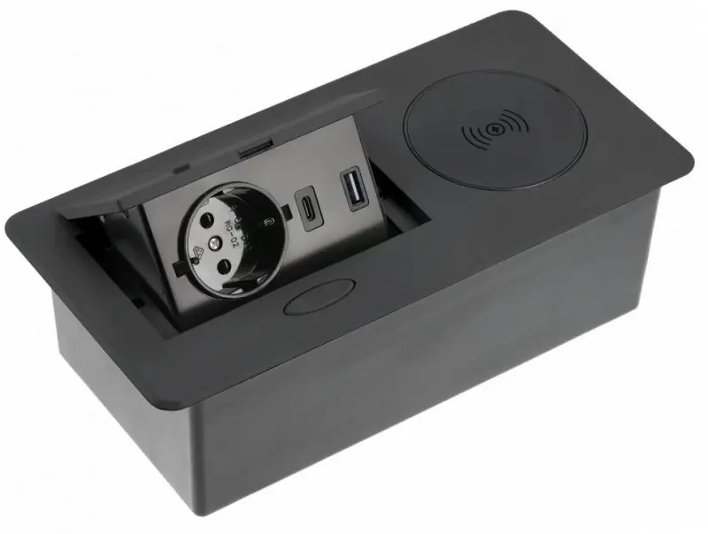 Indux Flip Küchensteckdose Erdung Typ F in Arbeitsplatte mattschwarz mit kabellosem und 2 USB-Ladegeräten 1208957427