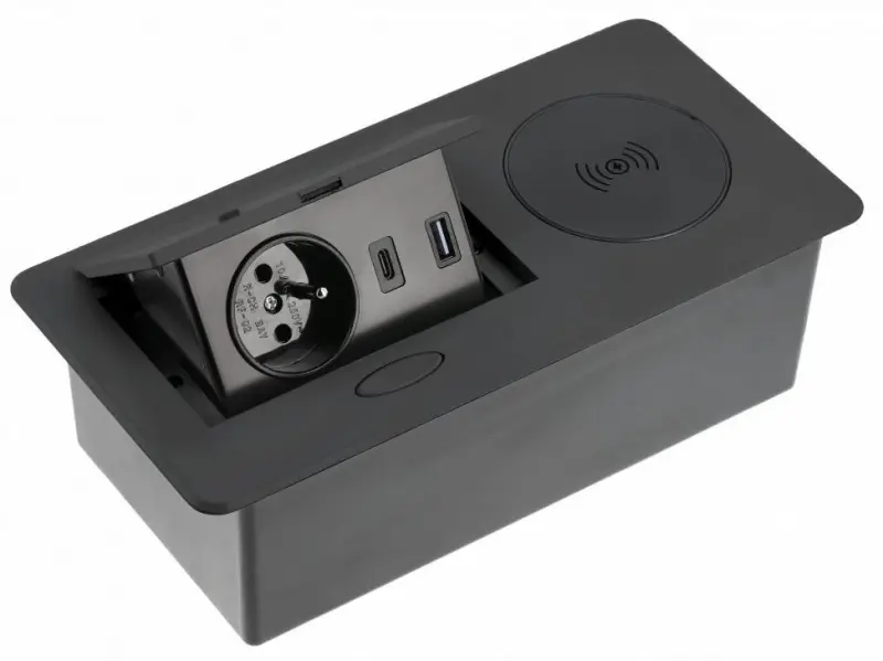Indux Flip Küchensteckdose Stift-Erdung Typ E in Arbeitsplatte mattschwarz mit kabellosem und 2 USB-Ladegeräten 1208957428