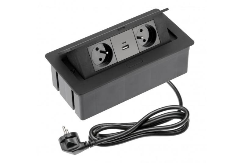 Indux Flip Medium Küchensteckdose mit Erdung in der Arbeitsplatte oder im Oberschrank, mattschwarz, mit 2 Steckdosen und 2 USB-Ladegeräten 1208957438
