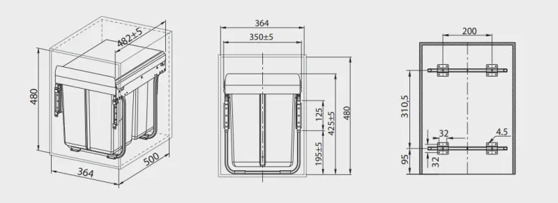 Garbi Carrier C-40-3-H Einbau-Abfallsystem mit eigenen Schienen und 3 Abfallbehältern 1 x 20 + 2 x 10 Liter 1208957464