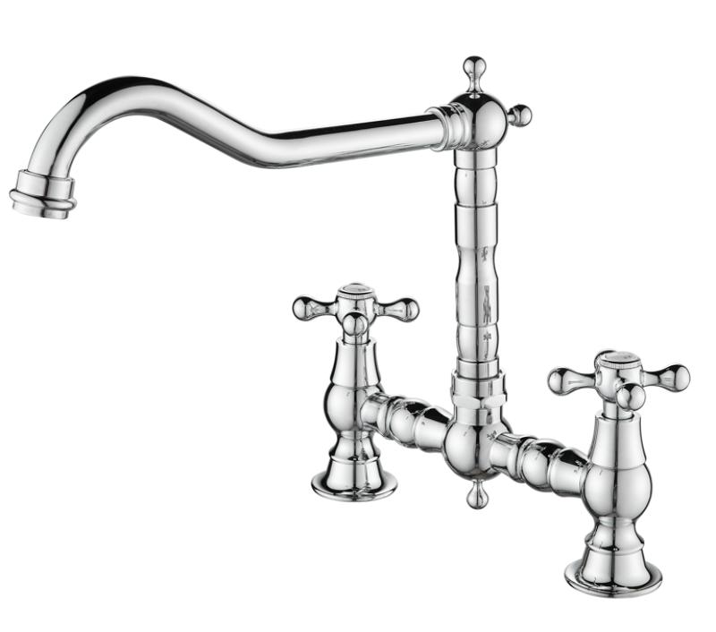AquaTrimo Windsor 2-Loch-Küchenarmatur mit nostalgischer Brücke und Auslauf Chrom 21WS7653CM