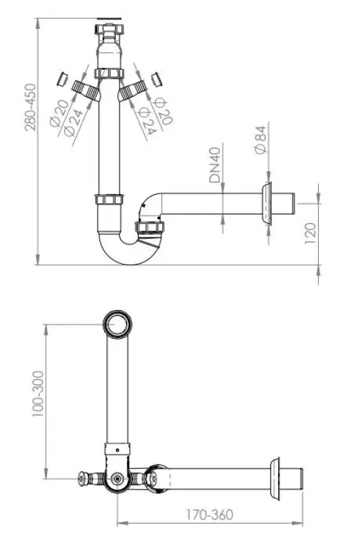Ausmann Siphon platzsparender Spülbecken-Siphon für die Küche mit 2 Geschirrspüleranschlüssen 1208957660