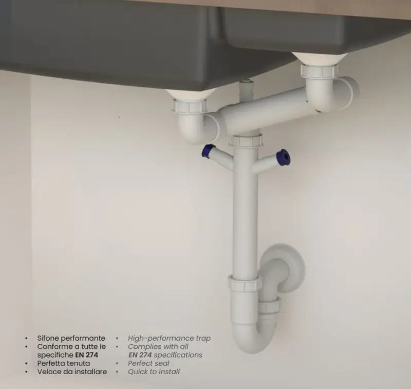 Ausmann doppelt Siphon platzsparender Spülsiphon für die Küche mit Entlüftung und 2 Spülmaschinenanschlüssen 1208957662